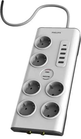 PHILIPS SPN7061WA/39 Steckdosenleiste - Überspannungsschutz - 6-Fach Steckdosen mit 5 USB - 900 J - 2m Kabel und Schalter - Stecker Typ F - Weiß