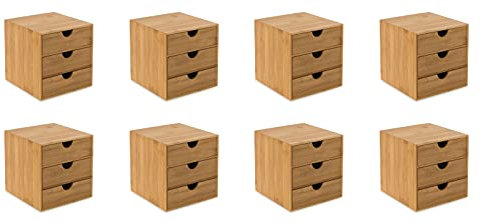 OSCO Bamboo 3 Drawer Chest | 8 Pack | Small Item Storage | Stackable | Lego Container | Makeup Container | Jewellery Box | Stationery Organiser | Not A4 Size | H17.7 x W16.8 x D17.5 cm |