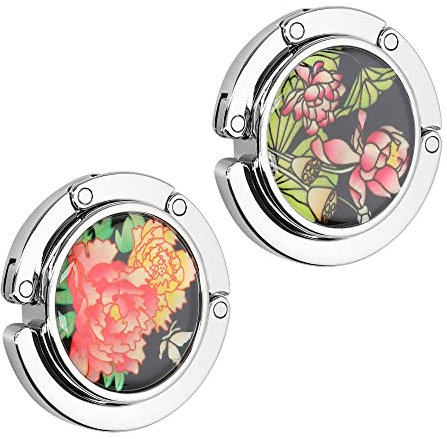 kwmobile Purse Hooks for Table - Set of 2 Portable Handbag Hook Foldable Bag Holder Purse Hangers for Tables with Design - Floral Handbag Hook Pink/Yellow/Green