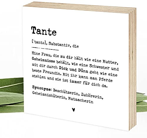 Wunderpixel® Holzbild Definition Tante - 15x15x2cm zum Hinstellen/Aufhängen, echter Fotodruck mit Spruch auf Holz - schwarz-weißes Wand-Bild Aufsteller Dekoration Geschenk-Idee