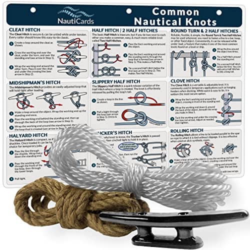 Deluxe-Knoten-Set, wasserdicht, nautische Knotendiagramm, 15,2 cm Bootsklammer, Juteseil und Poly-Seil zum Üben von Segel- und Bootsknoten – Meistern Sie 21 nautische Knoten mit diesem
