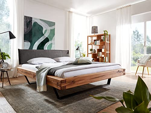 Bett BE-0576 Wildeiche Massiv geölt 180x200 cm inkl. Polsterkopfteil grau