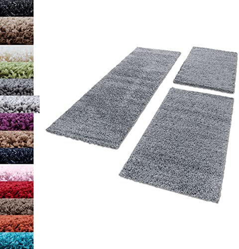 Carpettex Bettumrandung Schlafzimmer 3teilig Shaggy Teppich Hochflor Einfarbig Hellgrau Bettset:2 mal 60x110 + 1 mal 80x250 - Bettvorleger Schlafzimmer Läuferset Weich Flauschig Bettumrandung Teppich