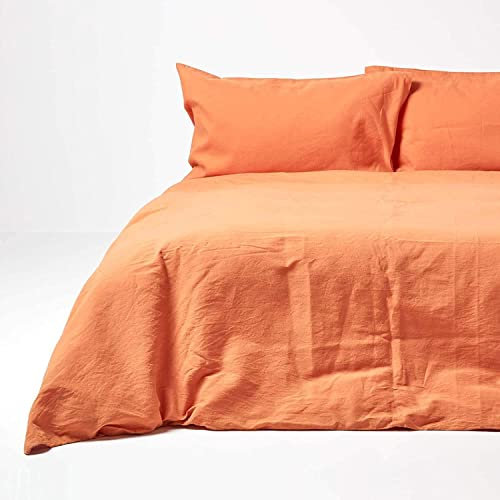 Homescapes 2-teiliges Leinen-Bettwäsche-Set orange, 1 Bettbezug 155x220 cm & 1 Kissenbezug 80x80 cm aus 60% Leinen und 40% Baumwolle