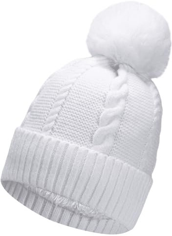 Gadgets Mafia Gorro de punto trenzado grueso para mujer con pompón, forro polar térmico, gorro de piel sintética, crema, Talla única