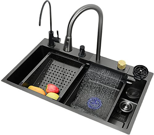 Spülbecken Schwarz,304 Edelstahl Küchenspüle, waschbecken,Einbauspüle mit Ausziehbarem Wasserhahn&Drainage Komponenten,Waschbecken Küche Mit Glasspüler,Raindance-Wasserfall-Spüle mit Taiwan-Steuerung