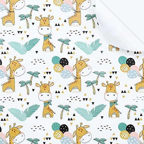 Geburtstags-Geschenkpapier für Kinder, Mädchen, Jungen, Giraffen-Design, Geschenkpapier für Geburtstag, Babyparty, 6 Blatt flach gefaltet, 50 x 70 cm pro Blatt