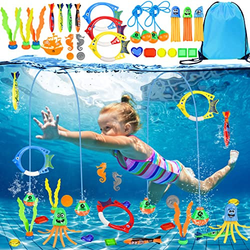 Hysagtek Diving Pool Toys 27pcs Swimming Pool Toys Set with Storage Bag Diving Game Toys for kids Dive Swim Through Ring Toypedo Bandits Diving Rings Seaweed Diamond Octopus Underwater Diving Game Kit