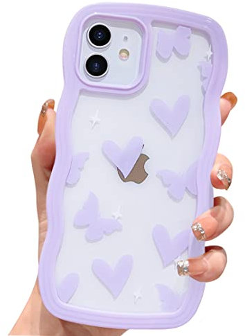 HZLFCZL Compatible with iPhone 11 Case Cute Cartoon Heart Butterfly Clear Pattern Design Women Girls Kawaii Wave Slim Soft TPU Transparent Cover for iPhone 11 6.1 inch-Purple