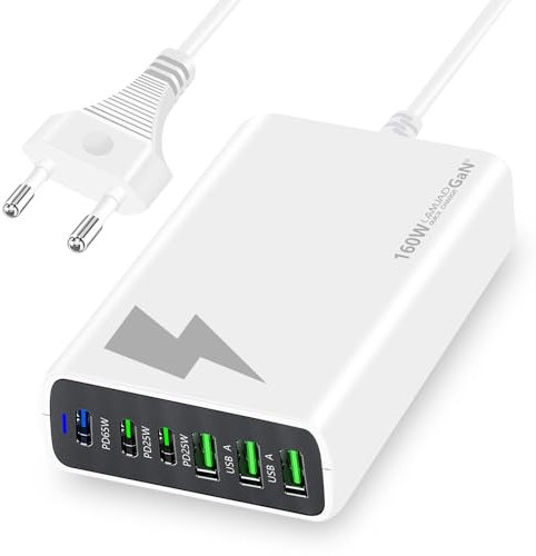 LAMJAD USB C Ladegerät Mehrfach,160W GaN USB C Netzteil [3 USB-C + 3 USB-A],6 Ports Schnellladegerät Charger Kompatibel mit MacBook Pro/Air,iPad Pro/Air,iPhone/Samsung/Google/Xiaomi/Huawei (Weiss)
