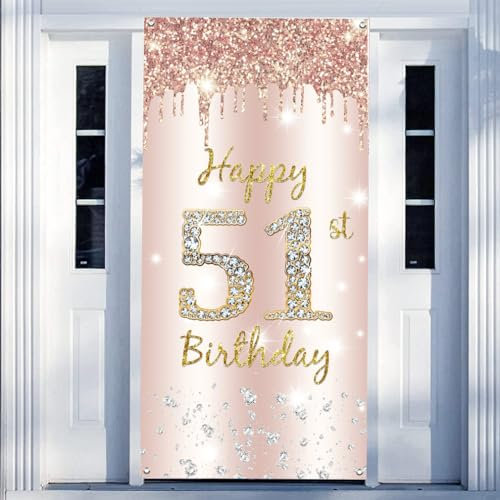 51. Geburtstag Deko Frauen, Happy 51st Birthday Door Banner Roségold Stoff Schild Plakat Türdekoration, 51. Geburtstag Hintergrund Banner Damen, Geburtstagsfeier Willkommensschild