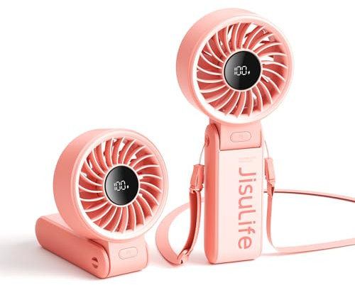 JISULIFE Handventilator Life7, Leistungsstarker tragbarer Ventilator mit LED Anzeige, 3600 mAh, 150° gefaltet, 3-IN-1 Hand/Schreibtisch/Halsventilator, Sommer Essentials für Reisen, Konzerte(Rosa)