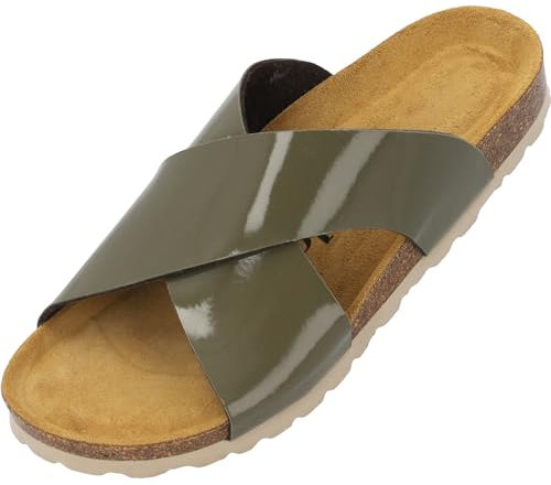 Palado Pantoletten Damen Rianel - bequeme Sandalen mit gekreuzten Riemen - Hausschuhe - modische Sommerschuhe Khaki Lack UK6 - EU39