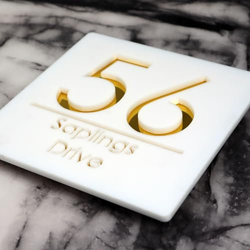 K Smart Sign | Bellissima S1 F31 | 180mm x 180mm | Acrylic 3d Laser Cut Contemporary house sign door number plaque address signs with Mirror and Marble Numbers (Matt White & Gold Mirror)