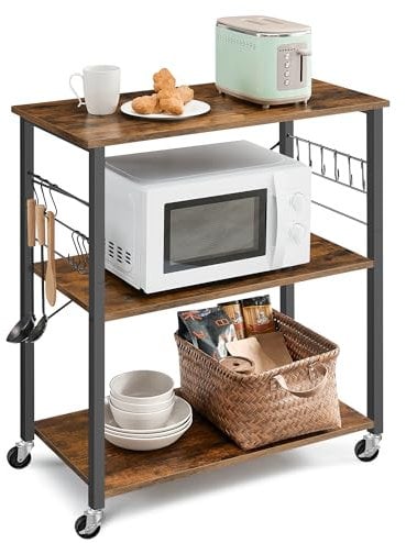 VASAGLE Kitchen Shelf on Wheels, Serving Cart with 3 Shelves, Kitchen Cart, Microwave Shelf, for Mini Oven, Toaster, with 6 Hooks, Industrial Style, Rustic Brown and Black UKKS067K01