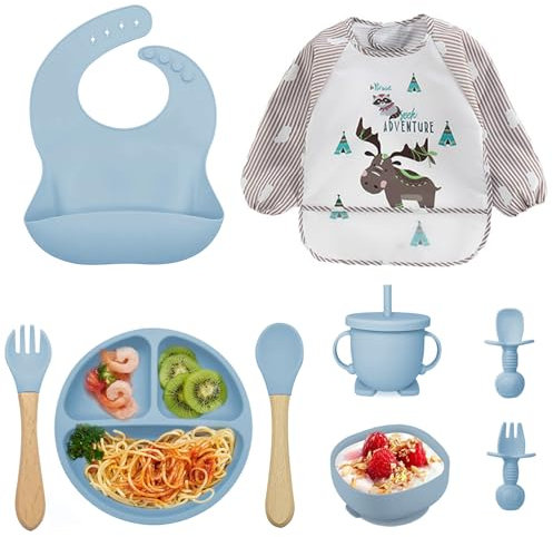Vajilla de Bebé Silicona, 10 piezas Juegos de vajilla infantil, Cubiertos con plato ventosa, Tenedor con mango de madera, Babero Set (9 pezzi-Blu)