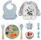 Vajilla de Bebé Silicona, 10 piezas Juegos de vajilla infantil, Cubiertos con plato ventosa, Tenedor con mango de madera, Babero Set (9 pezzi-Blu)
