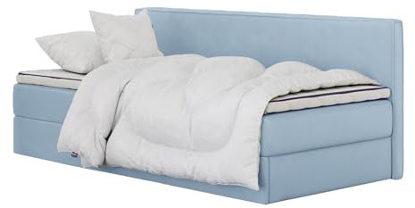 mybed. Boxspringbett Einzelbett Mitto Conti Solo Jugendbett Kinderbett Polsterbett mit Bettkasten Blau 100x200 Bonnell-Matratze H2 und Topper Bettgestell