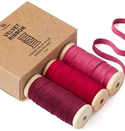 Vitalizart Samtband Set Rote Serie 0,95 cm x 13,7 m mit Hölzernen Spule, Stoffband 3 Rollen*4,57 m für Weihnachten Kranz Dekoration Handgemachte Handwerk Ornamente & Geschenkverpackungen