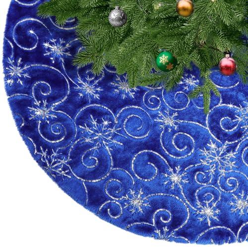 KONVINIT Blau Weihnachtsbaumdecke Plüsch Christmasbaumdecke Kunstfell Weihnachtsbaumteppich Rund Weihnachtsbaum Rock Weihnachtsdeko mit Silber Pailletten Schneeflocke,78cm/90cm/122cm