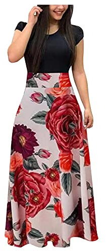 Floral Print Maxi Dresses for Women Crew Neck Colorblock Patch Dresses Short Sleeve Vintage Long Evening Dress Plus Size Skirt Floor Length Evening Ball Gown A-Line Tea Party Dress for Daily White