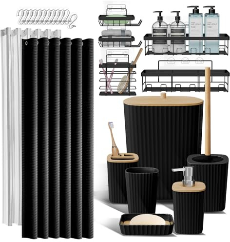 Shower Caddy and Bathroom Accessories Set 25PC Bathroom Accessory Set with Shower Shelf Caddy for Bathroom Storage, Black Shower Curtain Set, Toilet Brush, Trash Can, Soap Dispenser, Toothbrush holder