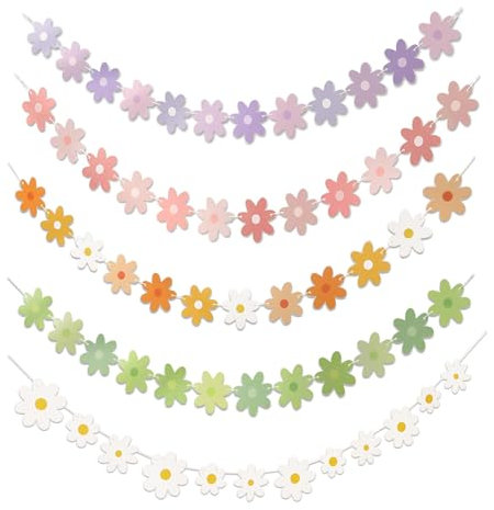 5 Pack Bunte Gänseblümchen Party Banner,Süße Hängende Gänseblümchen Deko,Blumendekorationen für Geburtstagsparty Zubehör für Mädchen im Innenbereich (Weiß,Rosa,Gelb,Grün,Lila)