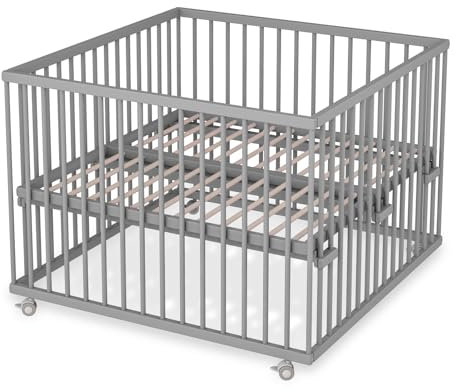 Sämann Laufstall Baby mit Lattenrost und 3 Schlupfsprossen | stufenlos höhenverstellbar | Laufgitter Premium | Babybett aus Holz | Krabbelgitter (grau, 120x120 cm)
