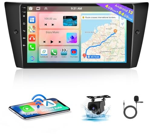 [8 Core 4+64G] Hikity Android Car Stereo for BMW 3 E90 E91 E92 E93 2005-2012 9 Inch IPS Touchscreen Radio Support Carplay/Android Auto/Bluetooth 5.0/GPS Navigation/WiFi/32EQ DSP+AHD Backup Camrea