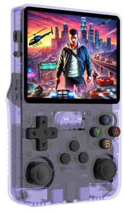 Consola Retro Portatil R36S, Sistema Linux, Pantalla IPS de 3,5, Reproductor de Vídeo de Bolsillo Portátil, Tarjeta TF de 64GB +15000 Juegos, Sistema Linux (Púrpura 64GB)