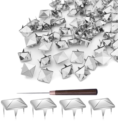 500 Stück 12 mm quadratische Pyramiden-Nieten für Kleidung, Metallkrallen-Nagelkopf-Nieten, Nieten mit Werkzeug für Punk-Rock-Kleidung, Leder, Schuhe, Tasche, Bastelzubehör (Silber)