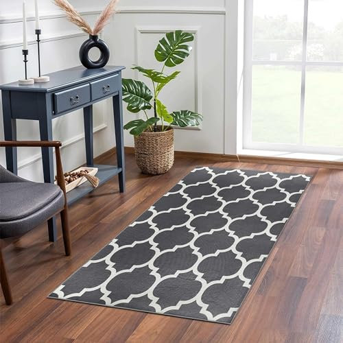 MOONLIGHT20015 Rugs Living Room Small 60x110 cm – Trellis Style Grey Area Rugs for Bedroom - Non Slip Modern Printed Carpet Bedside Rug, Ava Grey