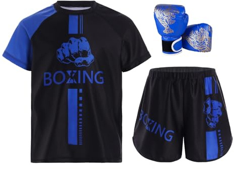 Runqhui - Conjunto de traje de boxeo para niño y niño, camiseta + pantalones cortos + guantes de boxeo Muay Thai MMA Kickboxing, azul, 7-8 Años