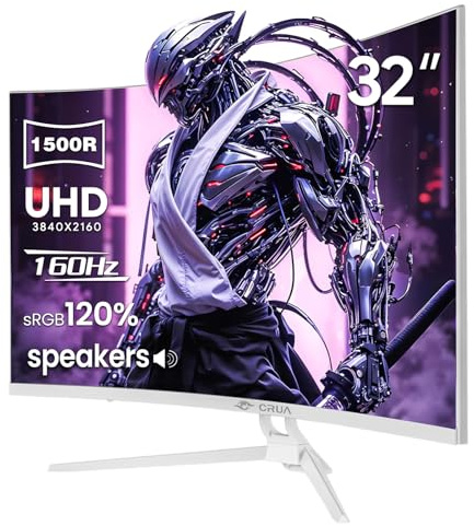 CRUA 32 4K UHD 160Hz Curved Gaming Monitor, 1500R, AMD FreeSync, White | 3840x2160 VA, 120%sRGB, Built-In Speakers, HDMI 2.1/DP 1.4 and 75x75mm Wall Mount for Gaming, Streaming, Editing and Work