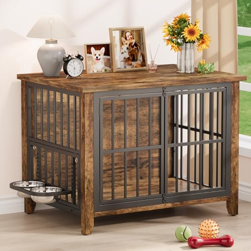 Dog Crate Furniture, Wooden Dog Kennel Indoor with 360° Rotating & Adjustable Height Feeder 2 Bowls, Heavy Duty Side for Medium Small Dogs, 80x56x64cm, Rustic Brown