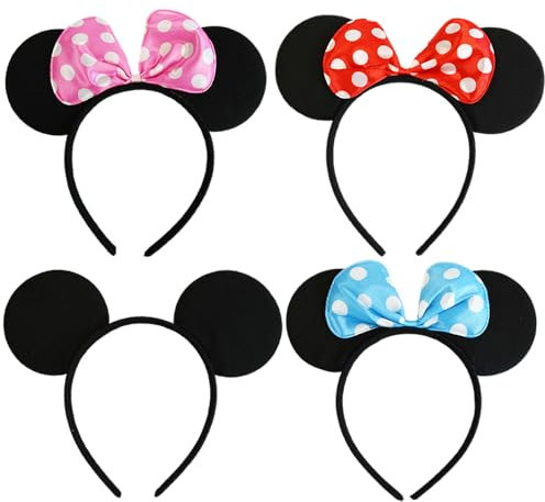 Ram® 4 x Black With Red Pink Bow & White Polka Dot Mouse Ears Fancy Dress Girls Adults Mouse Head Hair Band