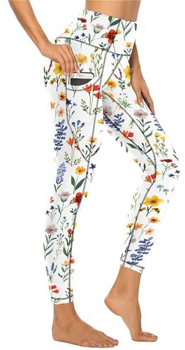 KevaMolly Damen Workout-Leggings mit Taschen – Dicke, hohe Taille, 4-Wege-Stretch, Lauf-Yogahose, Gelb mit Blumenmuster, Groß