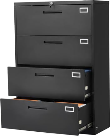 VEVOR Armoire de Bureau à 4 Tiroirs, Classeur Métallique avec Serrure et Tiges de Suspension Réglables, Caisson de Bureau pour Format Lettre, A4 et Dossiers, Rangement Classement Maison, Noir