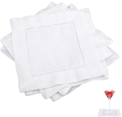 12pcs Linen Cocktail Napkins, Reusable Cloth Fabric Serviettes Napkins | 6x6 Inch, Wedding Birthday Baby Shower Party Home Bar Beverage Supplies (White)