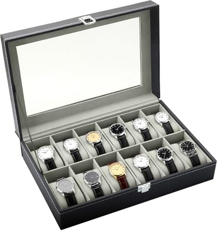 Porta Orologi 12 Posti in Pelle PU con Coperchio Acrilico, 30×20×8 cm | Scatola Orologi Uomo Donna con Cuscinetti Rimovibili e Fibbia Metallica, Custodia Trasparente per Collezione