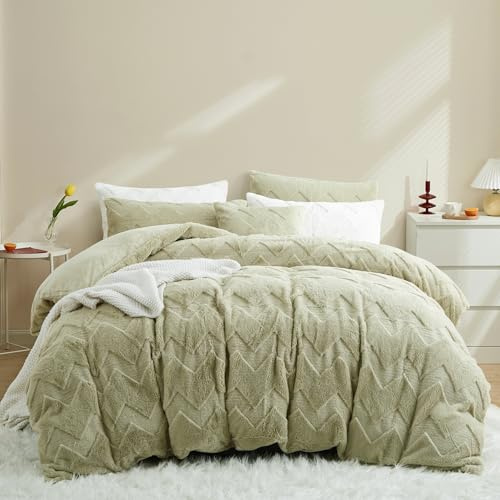 Covebett Plüsch Bettwäsche 135x200 Grün Winter Warm Shaggy Cashmere Touch Flauschig Winterbettwäsche Wellenmuster Biber Felloptik Luxus Wende Bettbezug Reißverschluss und Kissenbezug 80x80 cm