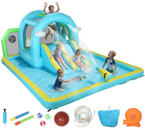 AIYAPLAY Castillo Hinchable Grande Acuático 7 en 1 Niños 426x360x198 cm | Soplador 450W, Tobogán Seco/Agua, Trampolín, Piscina, Canasta, Columna de Boxeo, Exterior/Interior, 3-8 Años