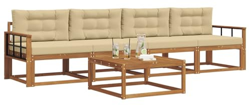vidaXL Outdoor-Sofagarnitur mit Kissen 5 pcs Natur und Beige, Stylische Gartenmöbel, modernes Sofa-Set, langlebige Möbel für Poolbereich, Bequeme Sitzgelegenheiten für die Terrasse