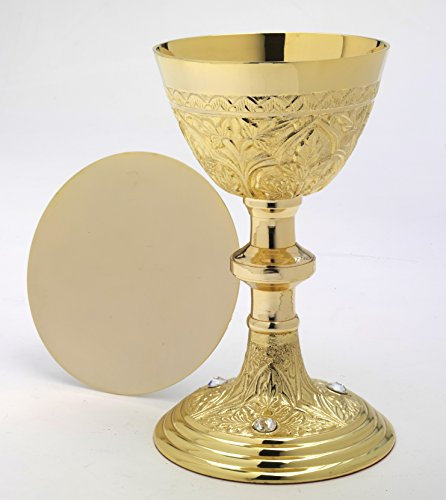 Altarkelche Kelch mit Patene Vergoldet H 22 cm, Messing, Vergoldet, Gold, mit Edlen Kristallsteinen, Wird mit Patene geliefert