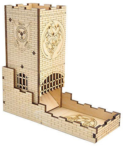 Castle Dice Tower mit Tablett Holzlasergeschnitten Drachen schnitzen einfache Roller perfekt für Brettspiel, D&D und RPG
