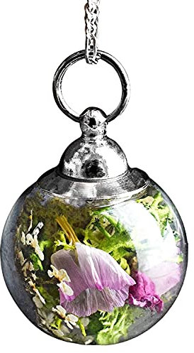 MadamLili - Echte Blüten Bouquet Anhänger 2cm Rund - 925 Sterling Silber Kette 70cm - Handgefertigt - Blumenstrauß Moos Dillblüten Naturschmuck - Exklusive Schmuckbox