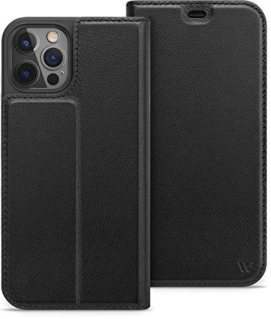 WIIUKA Lederhülle für iPhone 12/12 Pro Hülle - Travel - mit Kartenfach, extra Dünn, Premium Leder, mit Standfunktion, Tasche Schwarz