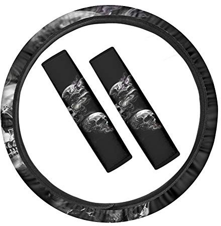 UOIMAG Totenkopf-Autozubehör Geschenk Skelett Auto Dekor Auto Lenkrad Kissen und Sicherheitsgurt Abdeckung Komplettes Set von 3