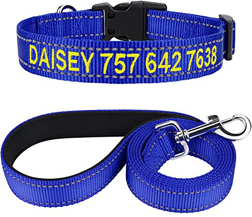 TagME Hundehalsband und Leine, Personalisierbar Reflektierendes Hundehalsband Mit 1.5M Doppelseitige Reflektierende Hundeleine für Kleine, Königsblau