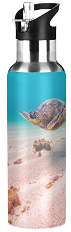 Vnurnrn Tortue De Mer Tortue Poisson Bouteille d'eau Isotherme avec Paille en Acier Inoxydable Gourde 600ML, Sans Bpa Gourdes Eau pour Enfant Sport Randonnée École Bureau